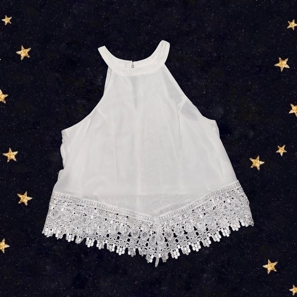 Lush white lace halter tank with white lace trim Size small
